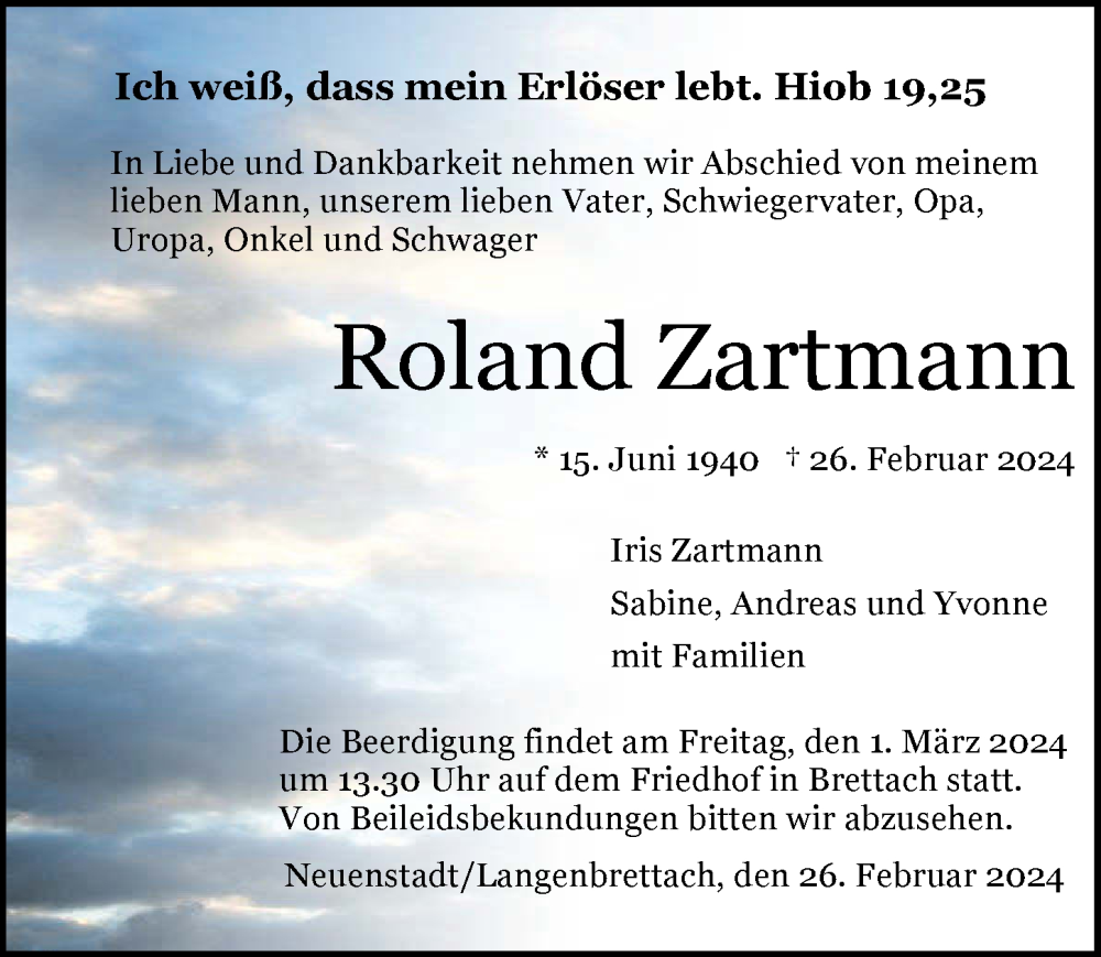  Traueranzeige für Roland Zartmann vom 29.02.2024 aus GESAMT