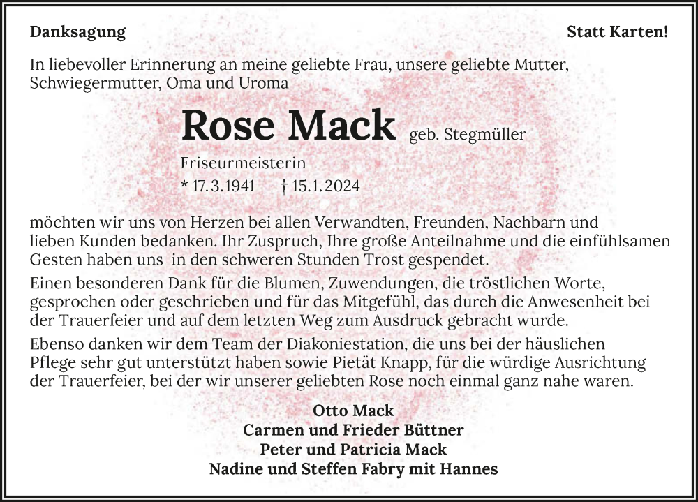  Traueranzeige für Rose Mack vom 03.02.2024 aus GESAMT