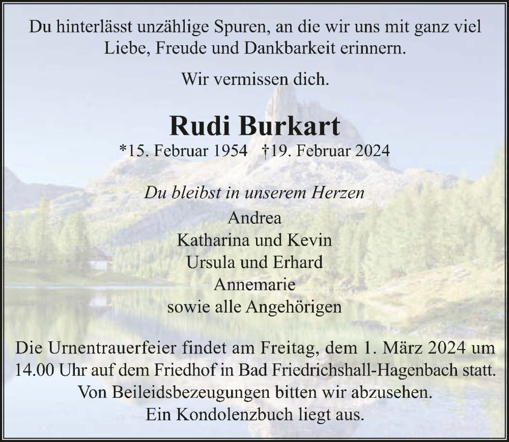  Traueranzeige für Rudi Burkart vom 24.02.2024 aus GESAMT