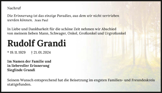 Traueranzeige von Rudolf Grandi von GESAMT