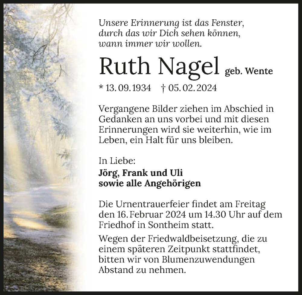  Traueranzeige für Ruth Nagel vom 10.02.2024 aus GESAMT