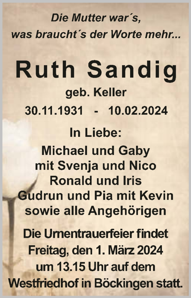 Traueranzeige für Ruth Sandig vom 24.02.2024 aus GESAMT