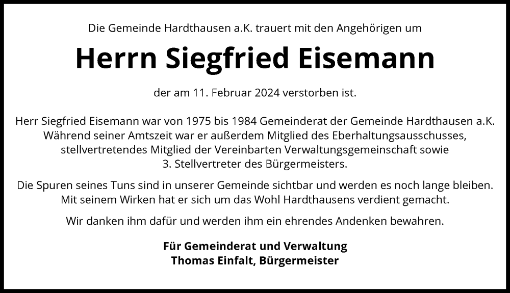  Traueranzeige für Siegfried Eisemann vom 14.02.2024 aus GESAMT