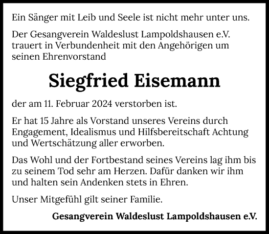 Traueranzeige von Siegfried Eisemann von GESAMT
