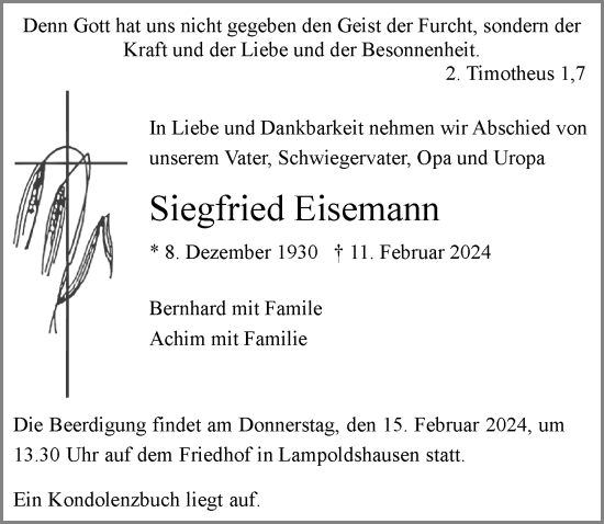 Traueranzeige von Siegfried Eisemann von GESAMT