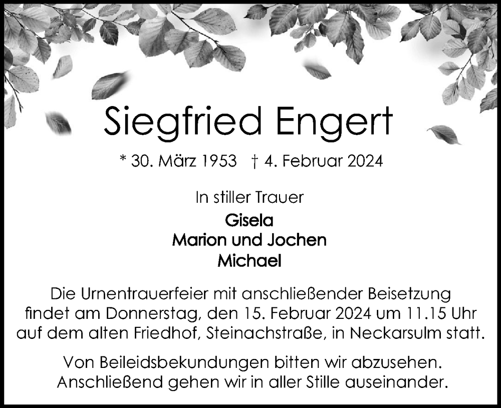  Traueranzeige für Siegfried Engert vom 10.02.2024 aus GESAMT