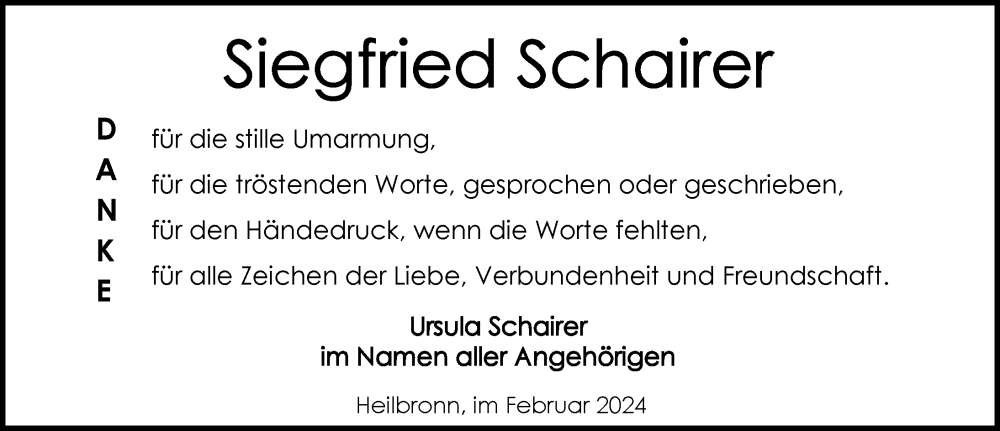  Traueranzeige für Siegfried Schairer vom 24.02.2024 aus GESAMT