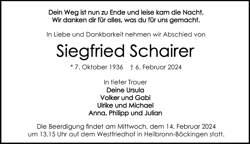  Traueranzeige für Siegfried Schairer vom 10.02.2024 aus GESAMT