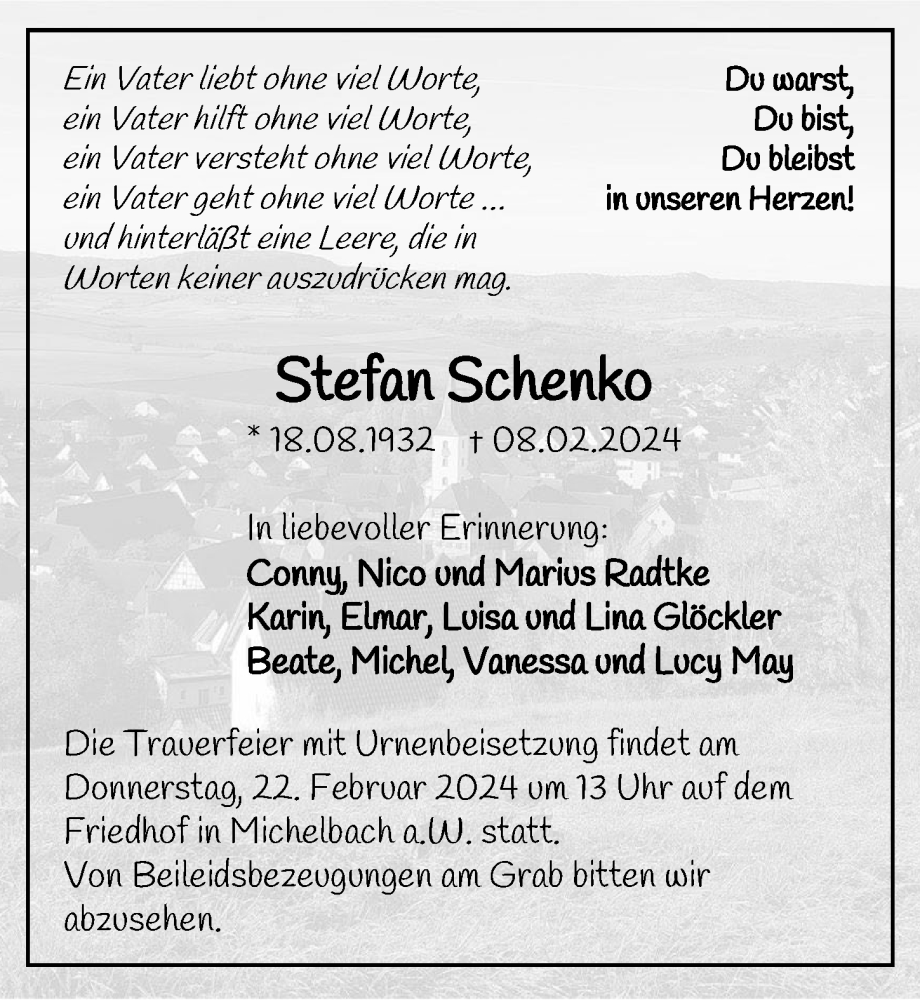  Traueranzeige für Stefan Schenk vom 16.02.2024 aus GESAMT