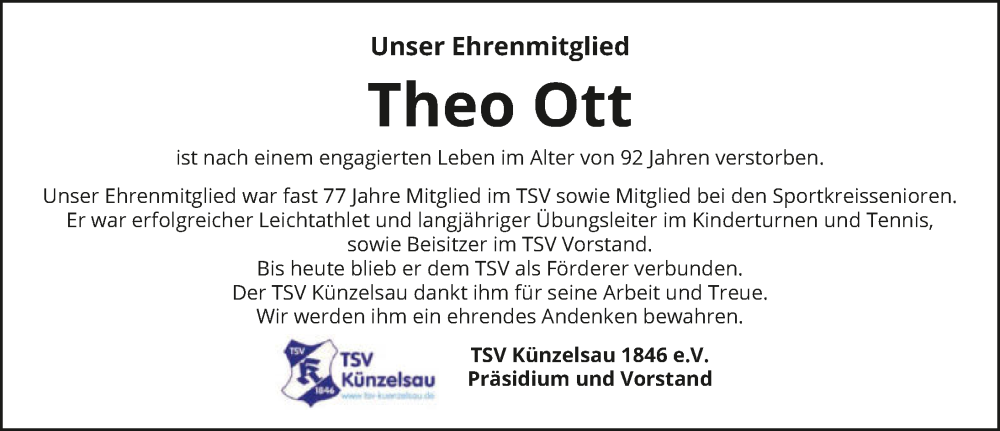  Traueranzeige für Theo Ott vom 09.02.2024 aus GESAMT