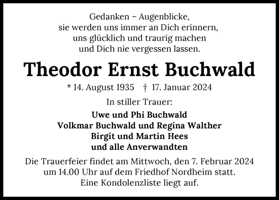 Traueranzeige von Theodor Ernst Buchwald von GESAMT