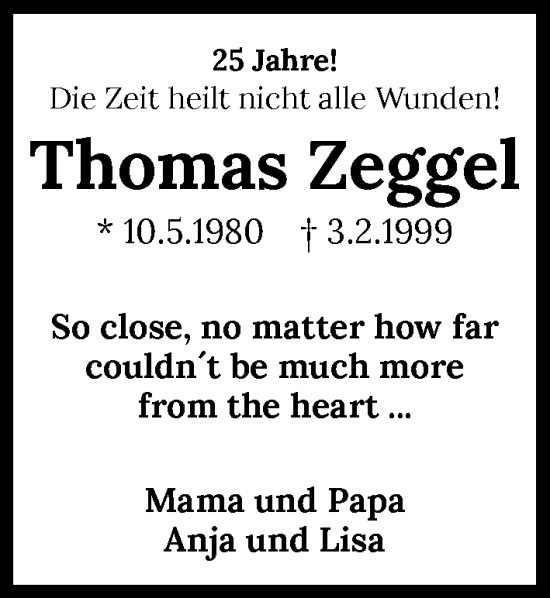 Traueranzeige von Thomas Zeggel von GESAMT