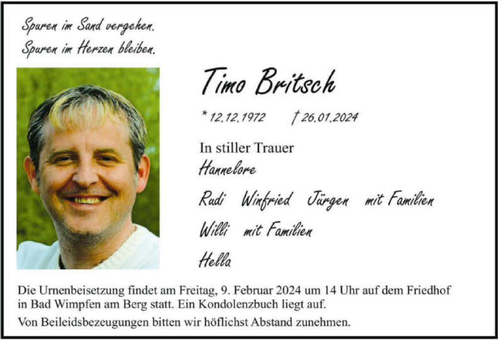  Traueranzeige für Timo Britsch vom 03.02.2024 aus GESAMT