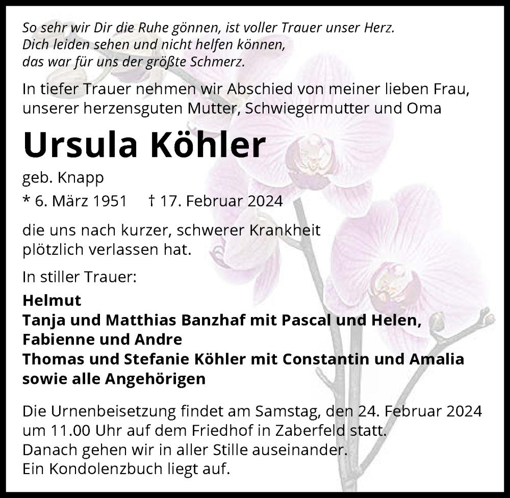  Traueranzeige für Ursula Köhler vom 21.02.2024 aus GESAMT