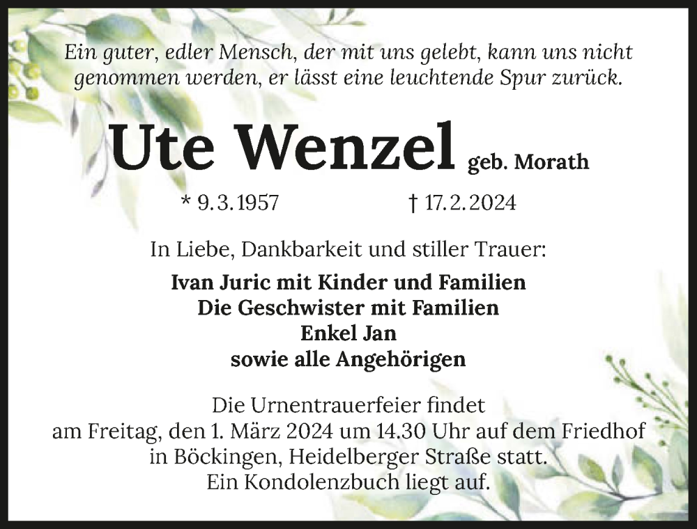  Traueranzeige für Ute Wenzel vom 24.02.2024 aus GESAMT