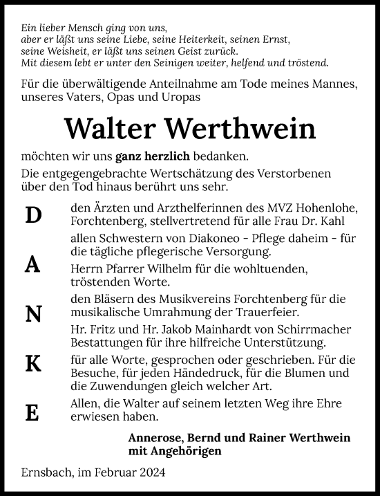 Traueranzeige von Walter Werthwein von GESAMT