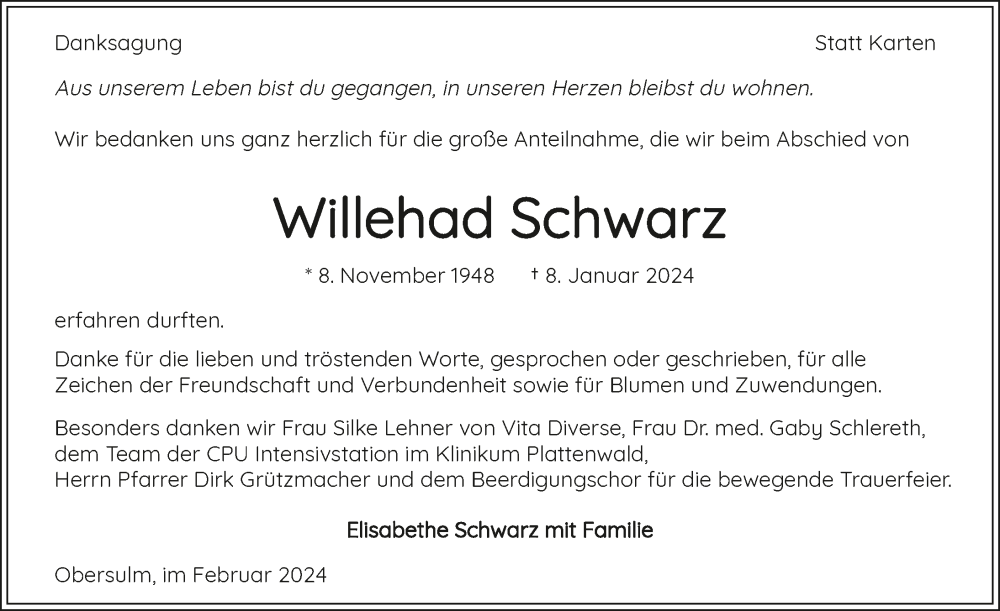  Traueranzeige für Willehad Schwarz vom 17.02.2024 aus GESAMT