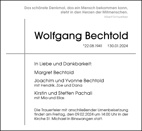 Traueranzeige von Wolfgang Bechtold von GESAMT