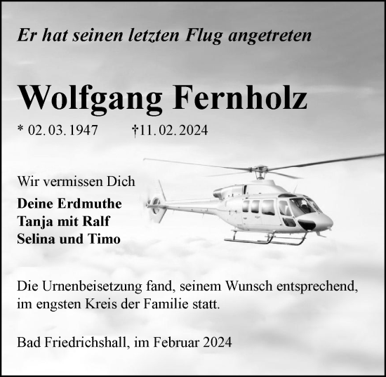 Traueranzeige von Wolfgang Fernholz von GESAMT