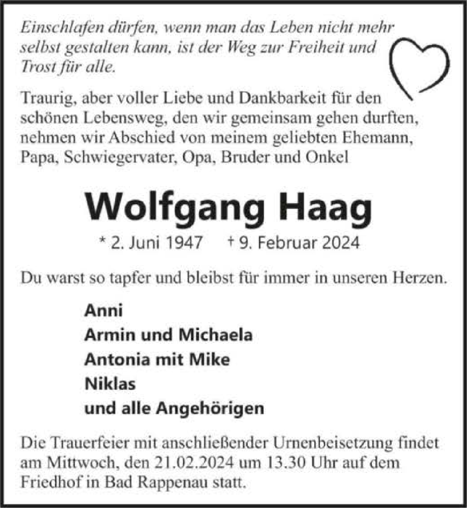  Traueranzeige für Wolfgang Haag vom 17.02.2024 aus GESAMT