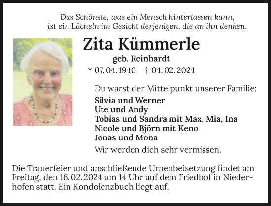 Traueranzeige von Zita Kümmerle von GESAMT