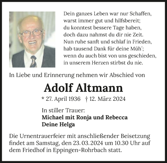 Traueranzeige von Adolf Altmann von GESAMT