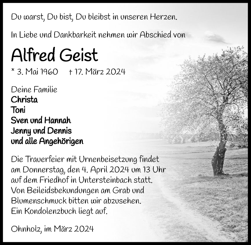  Traueranzeige für Alfred Geist vom 30.03.2024 aus GESAMT