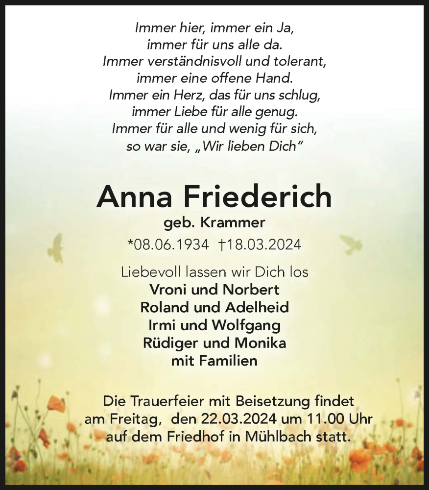  Traueranzeige für Anna Friederich vom 20.03.2024 aus GESAMT