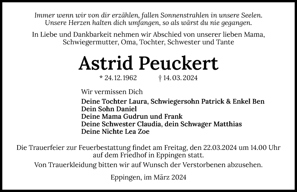  Traueranzeige für Astrid Peuckert vom 19.03.2024 aus GESAMT