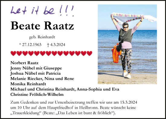 Traueranzeige von Beate Raatz von GESAMT