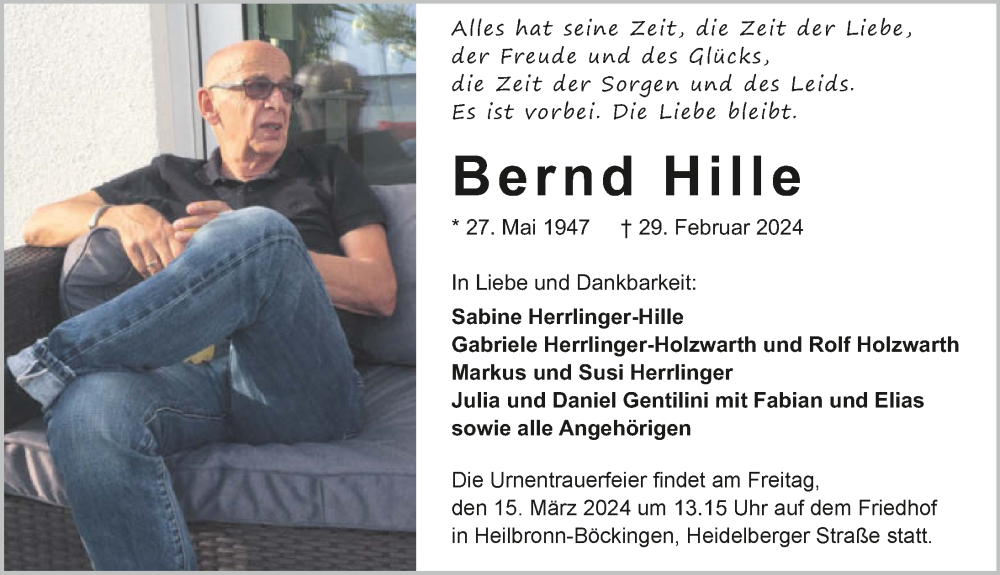  Traueranzeige für Bernd Hille vom 09.03.2024 aus GESAMT