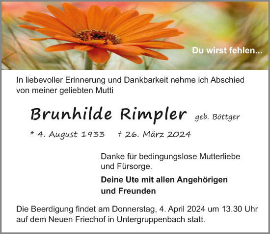Traueranzeige von Brunhilde Rimpler von GESAMT