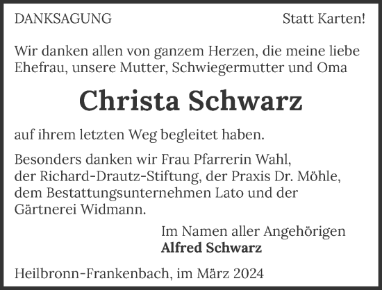 Traueranzeige von Christa Schwarz von GESAMT