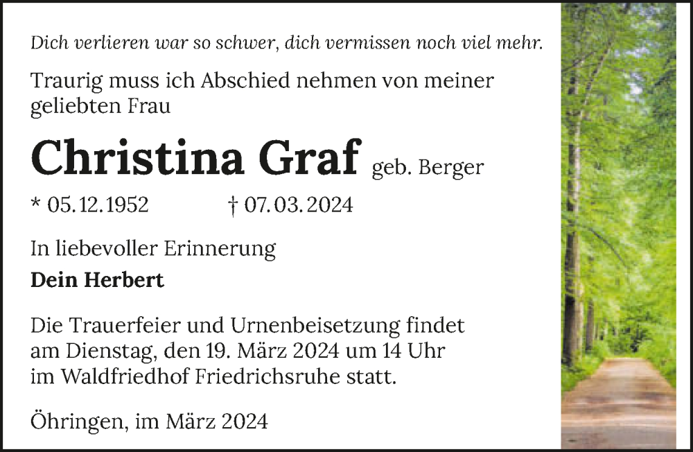  Traueranzeige für Christina Graf vom 13.03.2024 aus GESAMT