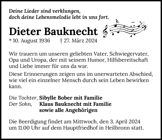 Traueranzeige von Dieter Bauknecht von GESAMT