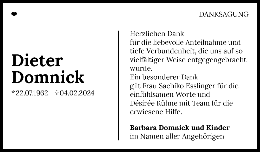  Traueranzeige für Dieter Domnick vom 16.03.2024 aus GESAMT