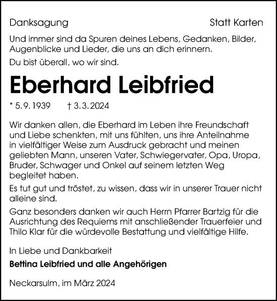 Traueranzeige von Eberhard Leibfried von GESAMT