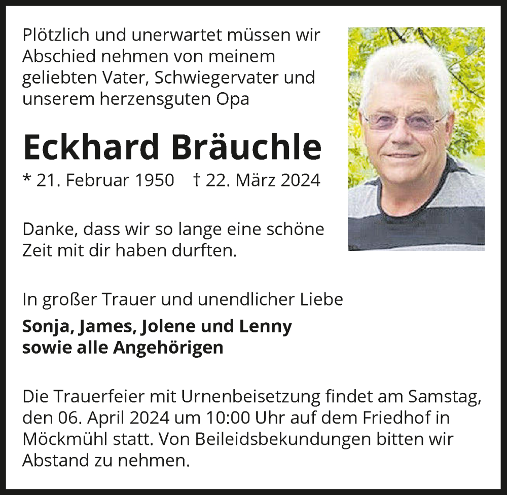  Traueranzeige für Eckhard Bräuchle vom 30.03.2024 aus GESAMT