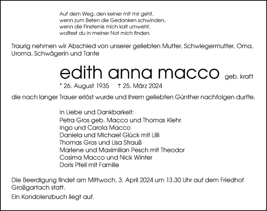 Traueranzeige von Edith Anna Macco von GESAMT