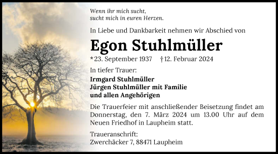 Traueranzeige von Egon Stuhlmüller von GESAMT