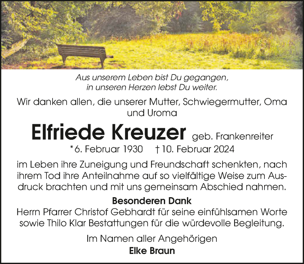  Traueranzeige für Elfriede Kreuzer vom 09.03.2024 aus GESAMT
