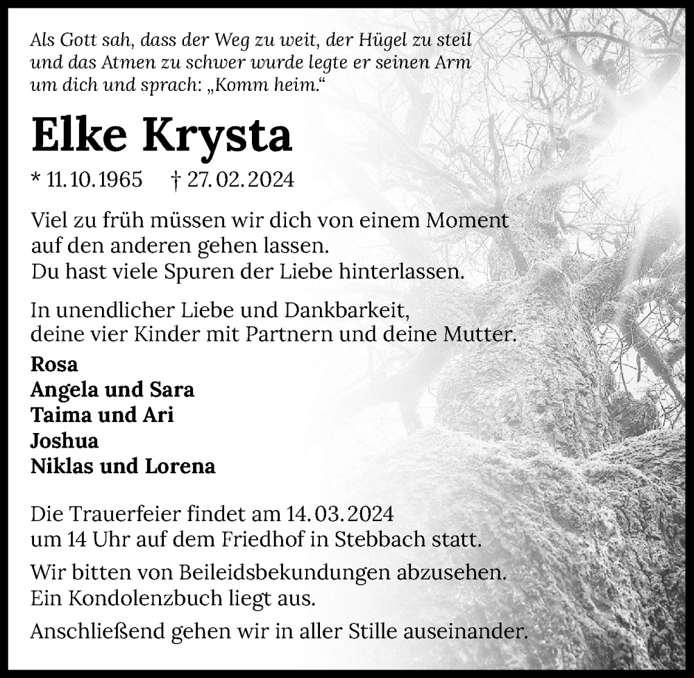  Traueranzeige für Elke Krysta vom 07.03.2024 aus GESAMT