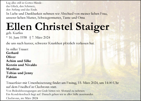 Traueranzeige von Ellen Staiger von GESAMT
