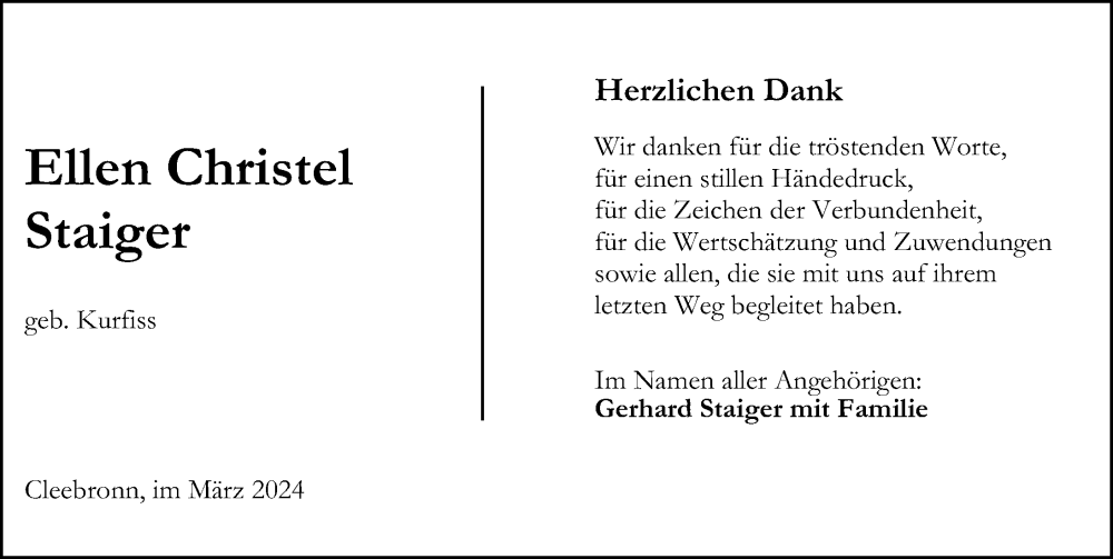  Traueranzeige für Ellen Christel Staiger vom 26.03.2024 aus GESAMT