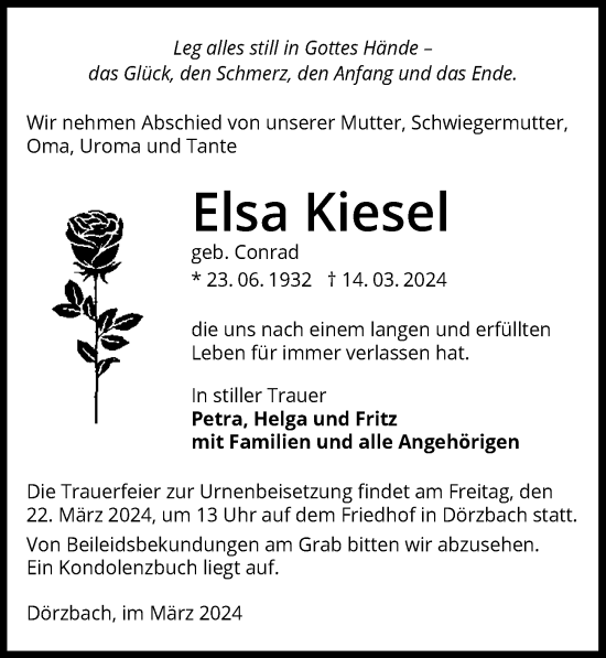 Traueranzeige von Elsa Kiesel von GESAMT