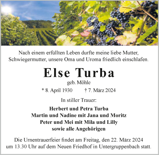 Traueranzeige von Else Turba von GESAMT