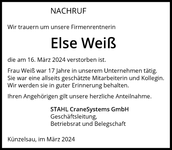 Traueranzeige von Else Weiß von GESAMT