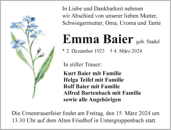 Traueranzeige von Emma Baier von GESAMT