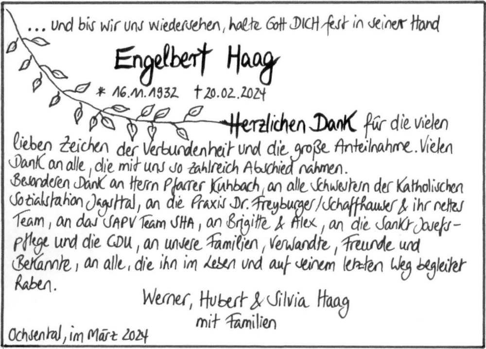  Traueranzeige für Engelbert Haag vom 08.03.2024 aus GESAMT