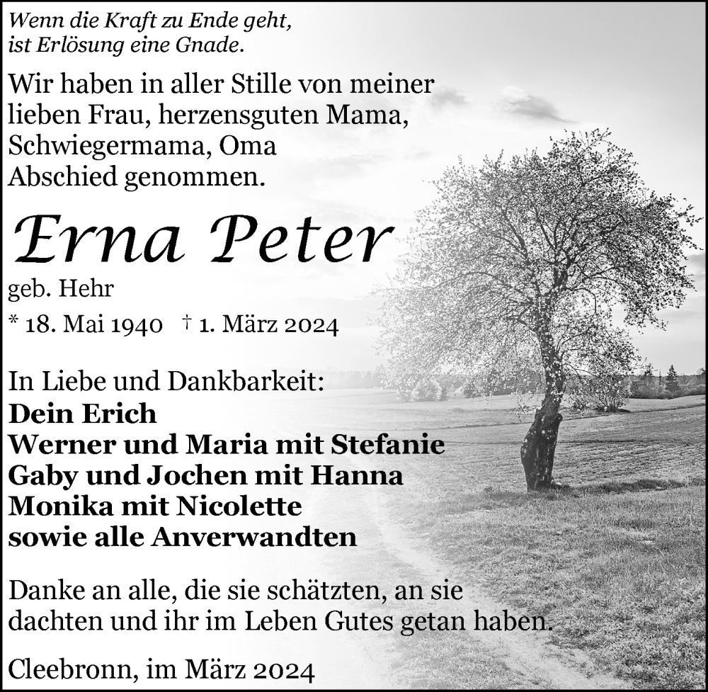  Traueranzeige für Erna Peter vom 14.03.2024 aus GESAMT